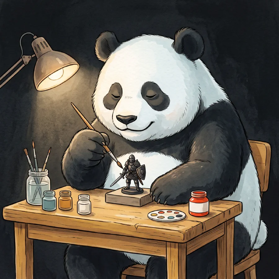 Studio mascot: a panda painting a miniature under a desk lamp